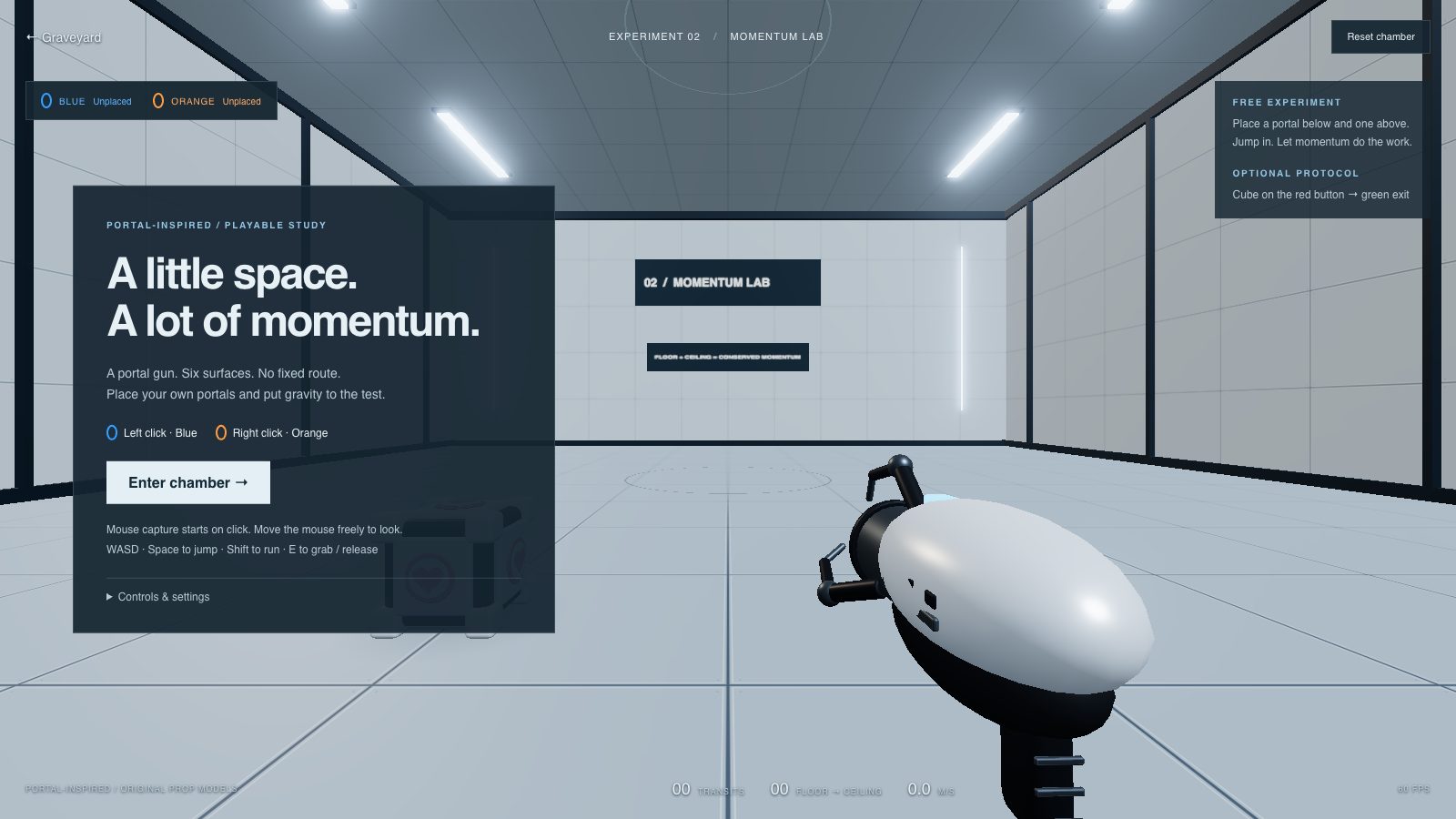 The Momentum Lab’s start menu, “A little space. A lot of momentum.”, beside a white portal gun in a pale grey tiled test chamber.