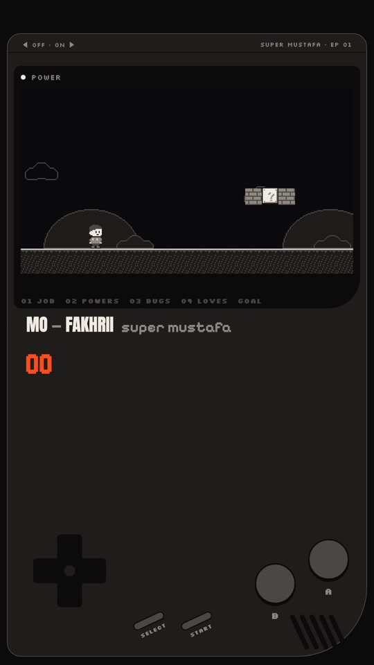 Opening frame: a handheld game console showing Super Mustafa on a dark pixel level, with MO — FAKHRII on the case.